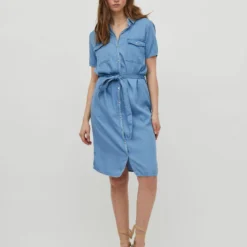 Vila TAILLERIEM DENIM JURK -Goedkope Fraaie Mod Winkel 14067445 MediumBlueDenim 005