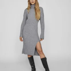 Vila GEBREIDE COL MIDI JURK