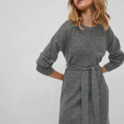 Vila KNOOPRIEM IN DE TAILLE GEBREIDE JURK -Goedkope Fraaie Mod Winkel 14076061 MediumGreyMelange 006