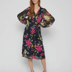 Vila KNOOPRIEM IN DE TAILLE JURK MET LANGE MOUWEN -Goedkope Fraaie Mod Winkel 14076182 DarkNavy 951605 005