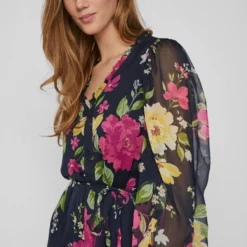 Vila KNOOPRIEM IN DE TAILLE JURK MET LANGE MOUWEN -Goedkope Fraaie Mod Winkel 14076182 DarkNavy 951605 006