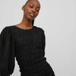 Vila 3/4-MOUWEN GESMOKTE JURK -Goedkope Fraaie Mod Winkel 14076696 Black 006