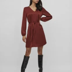 Vila KNOOPRIEM IN DE TAILLE JURK MET LANGE MOUWEN -Goedkope Fraaie Mod Winkel 14077330 FiredBrick 005