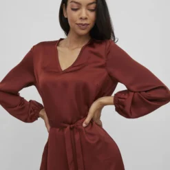 Vila KNOOPRIEM IN DE TAILLE JURK MET LANGE MOUWEN -Goedkope Fraaie Mod Winkel 14077330 FiredBrick 006