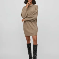 Vila LANGE MOUWEN GEBREIDE JURK -Goedkope Fraaie Mod Winkel 14079079 NaturalMelange 005