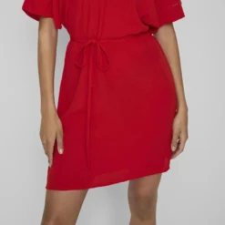 Vila KNOOPRIEM IN DE TAILLE KORTE JURK -Goedkope Fraaie Mod Winkel 14079564 FlameScarlet 007