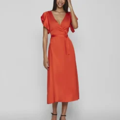 Vila KNOOPRIEM IN DE TAILLE MIDI JURK -Goedkope Fraaie Mod Winkel 14083043 Tigerlily 005