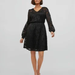 Vila KANTEN KORTE JURK MET LANGE MOUWEN -Goedkope Fraaie Mod Winkel 14083655 Black 005