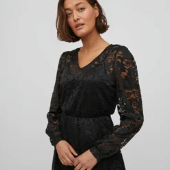 Vila KANTEN KORTE JURK MET LANGE MOUWEN -Goedkope Fraaie Mod Winkel 14083655 Black 006